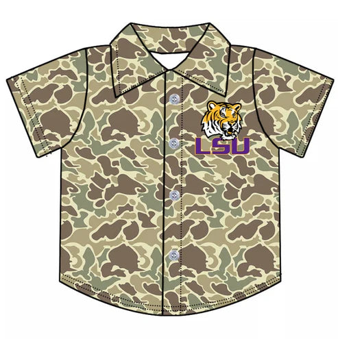 10.8 Custom Moq 5 Baby Boys LSU Team Camo Short Sleeve Button Shirt Tops