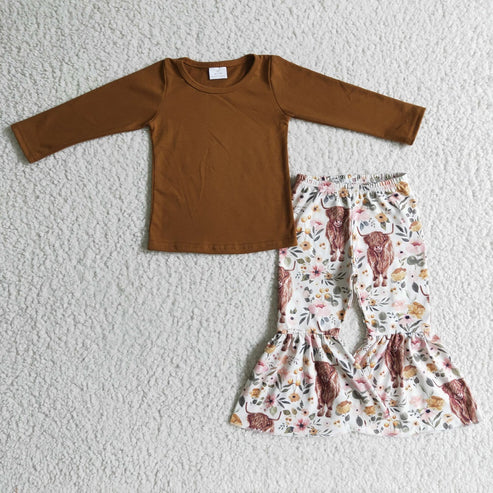 8.7 GLP0277 Girl Brown Cow Floral Bell Outfit