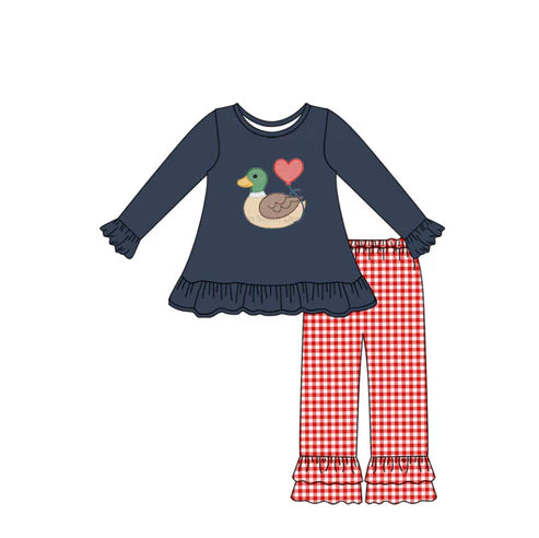 9.29 GLP2912 Baby Girls Hearts Ducks Tunic Ruffle Checked Pants Valentine Clothes Sets Preorder