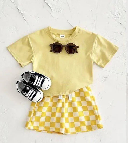 4.15 GSSO2523 Baby Girls Yellow Short Sleeves Top Plaid Short Set Preorder