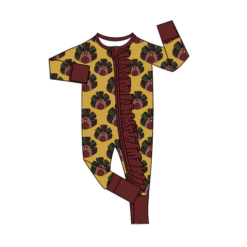 7.25 LR2484 Baby Girls Long Sleeves Turkey Plaid Ruffle Zipper Rompers