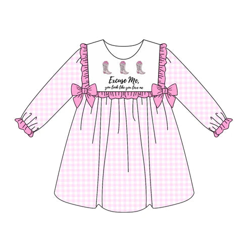 6.30 no moq GLD1031 PRE-ORDER baby girl clothes boots pink long sleeve dress