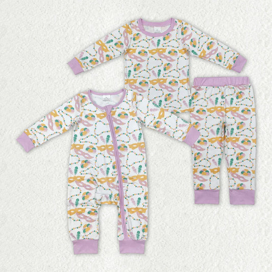 Sibling Baby Girls Mardi Gras Masks Lavender Rompers Pajamas