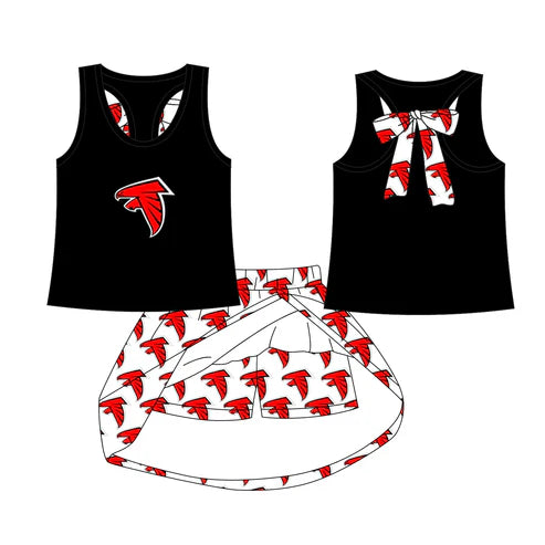 7.4 Custom Moq 3 Baby Girls Black Red Bird team Top Skirt Skort Sets