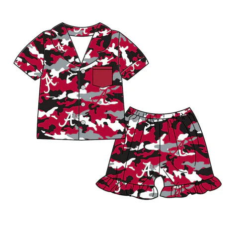 6.21 Custom Moq 3 Baby Girls Short Sleeves Red Camo Button Pocket A Top Ruffle Shorts Team Pajamas Set