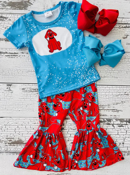 E5-16 Girls blue top red dog bell pants suit