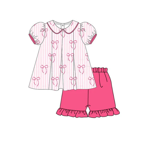 3.22  GSSO2382 Baby Girls Pink Stripe Bows Tunic Ruffle Short Set Preorder