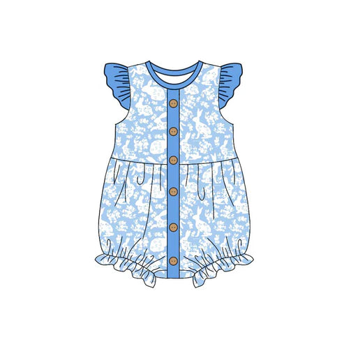 10.21 SR3272 Baby Girls Blue Flutter Sleeve Rabbits Flowers Easter Button Ruffle Rompers Preorder