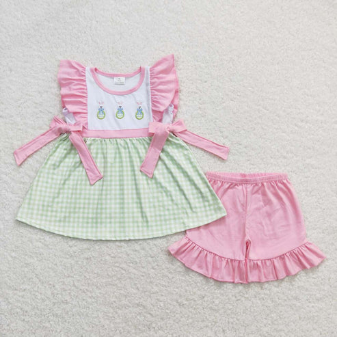 6.17 GSSO0436 Embroidered Bow Egg Bunny Green White check Pink lace bow short sleeve shorts set
