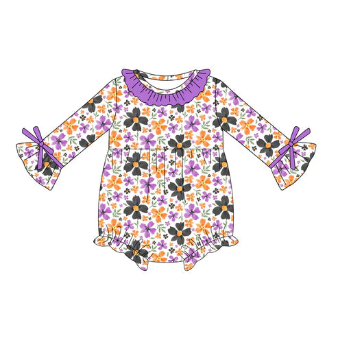 5.21  LR2197 Baby Girls Long Ruffle Sleeves Lavender Flowers Ruffle Rompers Preorder