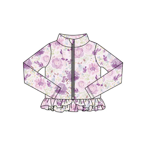 10.25   GT1321 Baby Girls Lavender Flowers Ruffle Yoga Zipper Jackets Top Preorder