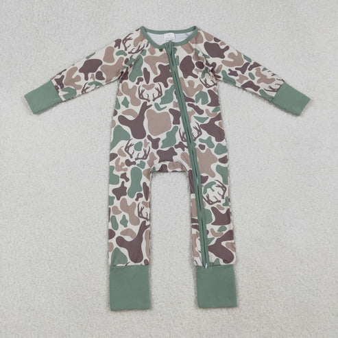 9.24 LR2582 Baby Boys Brown Deer Camo Western Zipper Footie Romper
