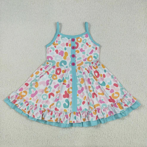 6.2 GSD2452 Baby Girls Blue Strap Colorful Leopard Button Knee Length Dress