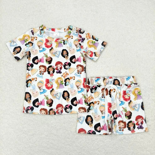 6.16 GSSO1099 Girls cartoon white short-sleeved shorts suit