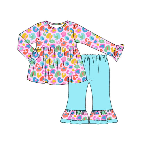 7.30 GLP2592 Baby Girls Long Ruffle Sleeves Colorful Leopard Tunic Flare Pant Set Preorder