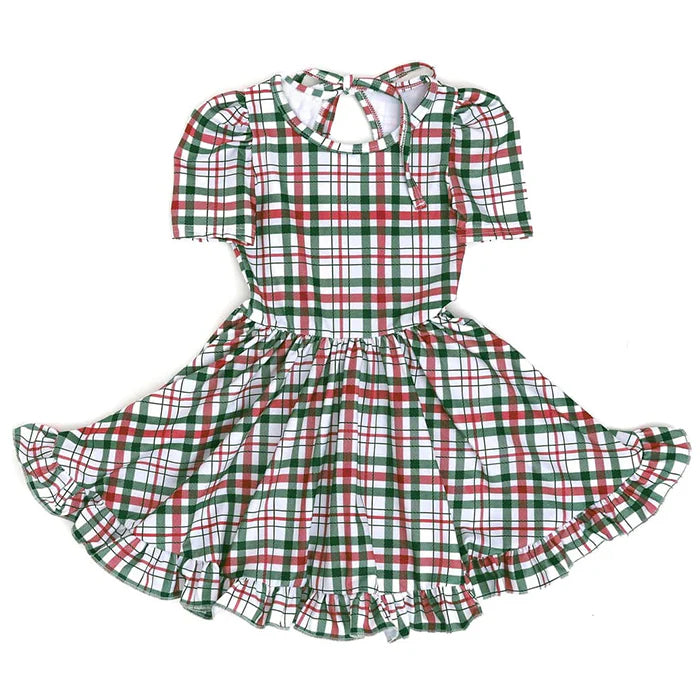 6.12   GSD2613 Baby Girls Short Sleeves Red Green Plaid Ruffle Knee Length Dresses Preorder