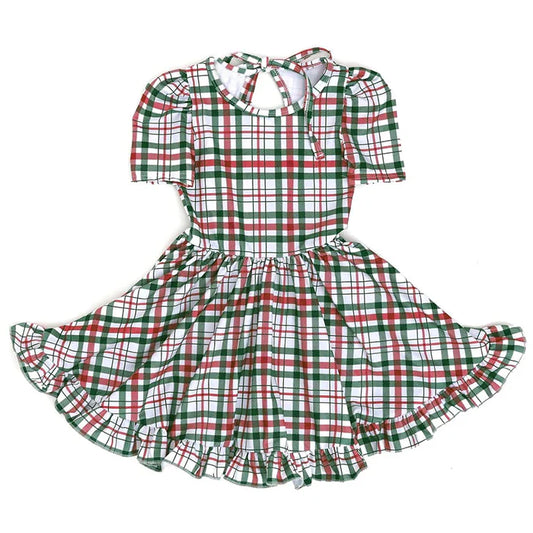 6.12   GSD2613 Baby Girls Short Sleeves Red Green Plaid Ruffle Knee Length Dresses Preorder