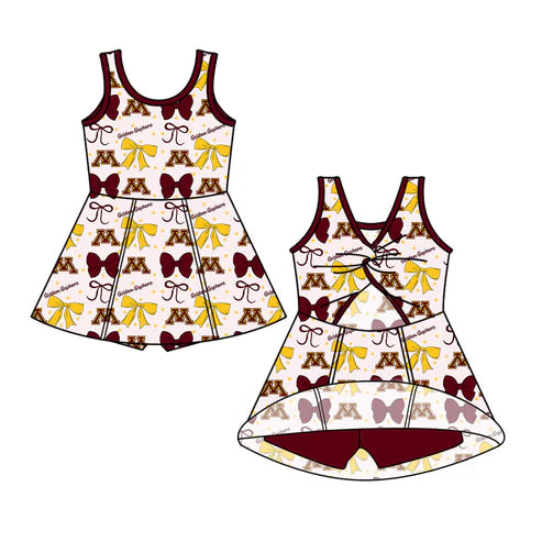 7.3 Custom Moq 3 Baby Girls Sleeveless Gophers Bows ﻿Plaid Shorts Team Knee Length Dresses