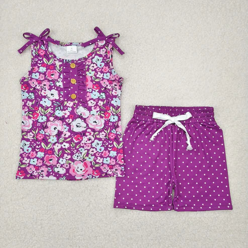 4.14 GSSO2358 Baby Girls Purple Sleeveless Floral Button Top Polka Dots Shorts Set