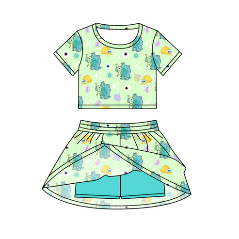 6.24 Custom Moq 3 Baby Girls Green Cartoon Monster Top Skirt Skort Sets