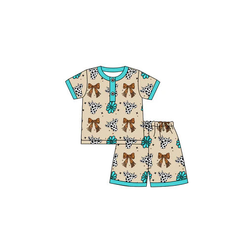 6.19  GSSO2621 Baby Girls Short Sleeves Bows Cow Print Button Top Short Pajamas Set Preorder
