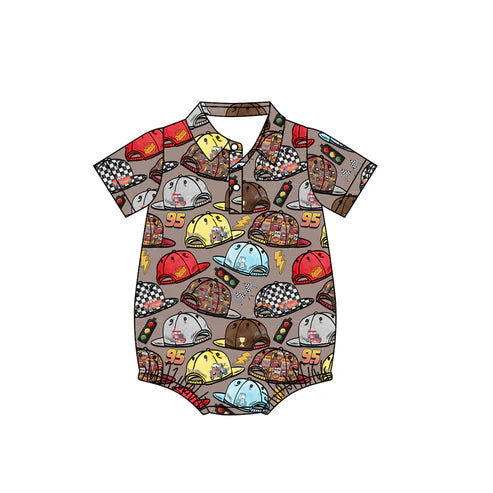 4.21  SR3068 Baby Boys Brown Short Sleeves Cartoon Hats Button Bummies Rompers Preorder