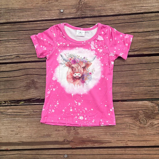 9.3 GT0212 Baby Girls Highland Cow Flowers Short Sleeve Shirts Tops