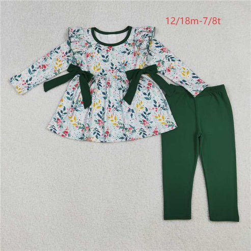 10.10 GLP2476 Baby Girls Long Sleeves Floral Bows Tunic Dark Green Legging Pant Set