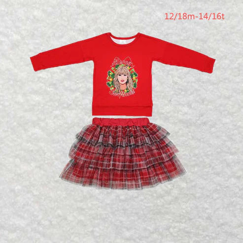 GT0703+GLK0033 Christmas red long sleeve skirt set