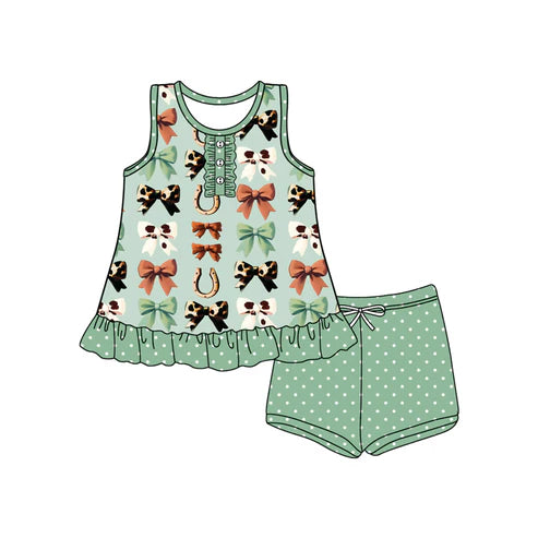 6.14 GSSO2637 Baby Girls Sleeveless Bows Horse Shoes Button Tunic Polka Dots Short Set Preorder