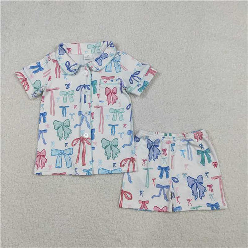 11.8 GSSO2217 Baby Girls Colorful Bows Buttons Shirts Shorts Set