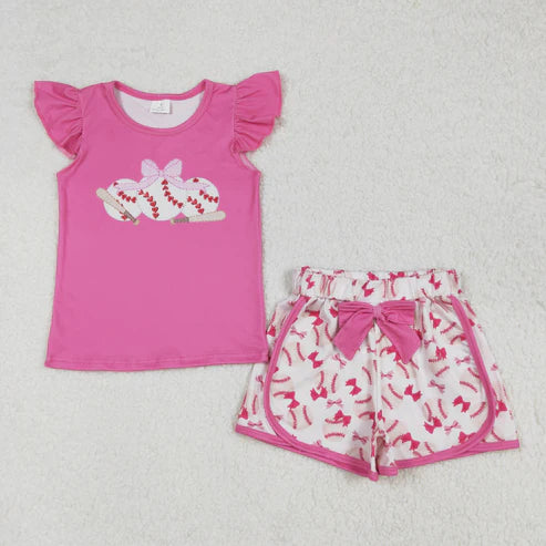 L-3.8 GSSO1685 Baby Girls Pink Baseball Bows Shirts Bows Shorts Clothes Set