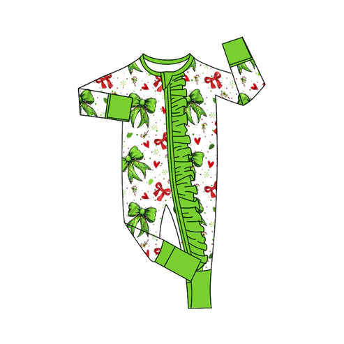 7.25  LR2482 Baby Girls Long Sleeves Green Red Bows Hearts Ruffle Zipper Rompers Preorder