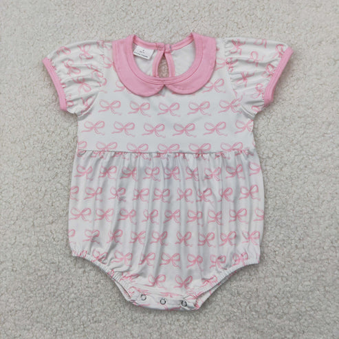 4.14 SR2893 Baby Infant Girls Pink Short Ruffle Sleeves Bows Doll Collar Romper