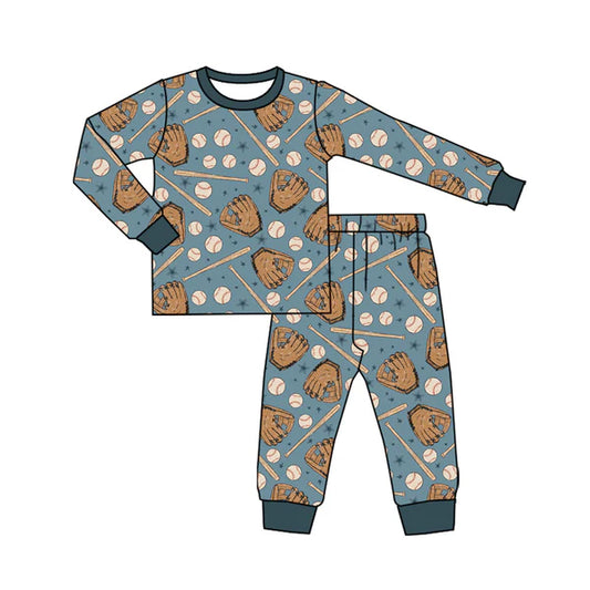 8.28  BLP1247 Baby Boys Baseballs Stars Plaid Top Pant Team Pajamas Set Preorder