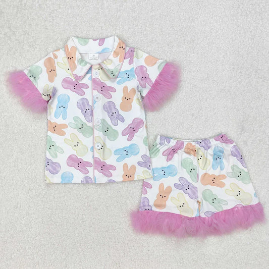3.14 GSSO2020 Baby Girls Easter Rabbits Fur Shirt Shorts Pajamas Clothes Set