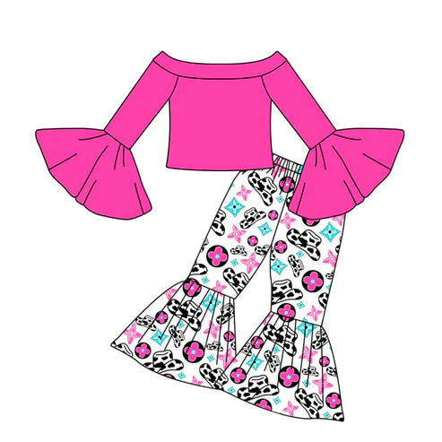 6.20 Custom Moq 3 Baby Girls Pink Western Off Shoulder Shirt Bell Pants Clothes Sets