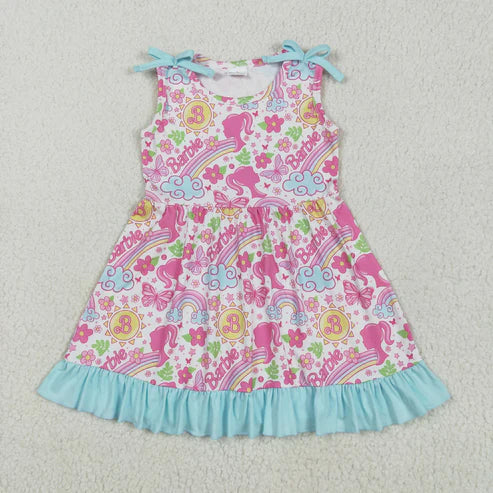 5.17 GSD2463 Baby Girls Strap Pink Flowers Cartoon Dolls Knee Length Dress