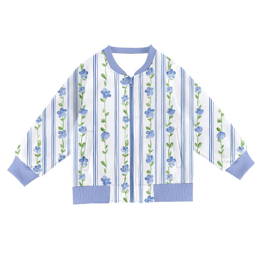 9.27 GT1248 Baby Girls Blue Flowers Stripe Pocket Zipper Jackets Top Preorder