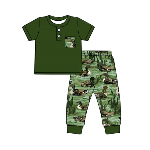 10.1 BSPO0595 Baby Boys Dark Green Button Pocket Top Ducks Pants Clothes Sets Preorder