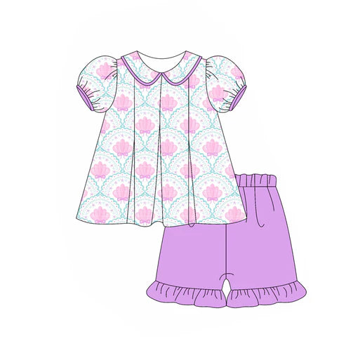 3.28 GSSO2431 Baby Girls Purple Short Ruffle Sleeves Bows Shell Tunic Ruffle Short Set Preorder