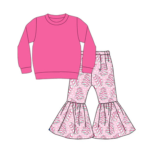 9.9 Custom Moq 5 Baby Girls Pink Color Shirt Top Stripe Bows Stars Bell Bottom Pants Christmas Clothes Sets