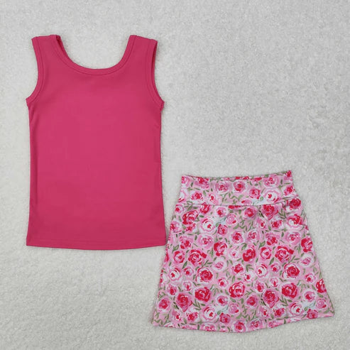 GSD1599 Baby Girls Pink Vest Flowers Skirt Clothes Set