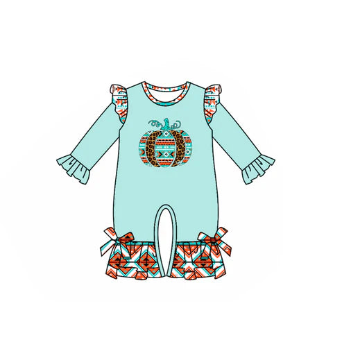 7.29 LR2452 Baby Girls Light Blue Long Sleeves Leopard Pumpkins Ruffle Pant Rompers Preorder