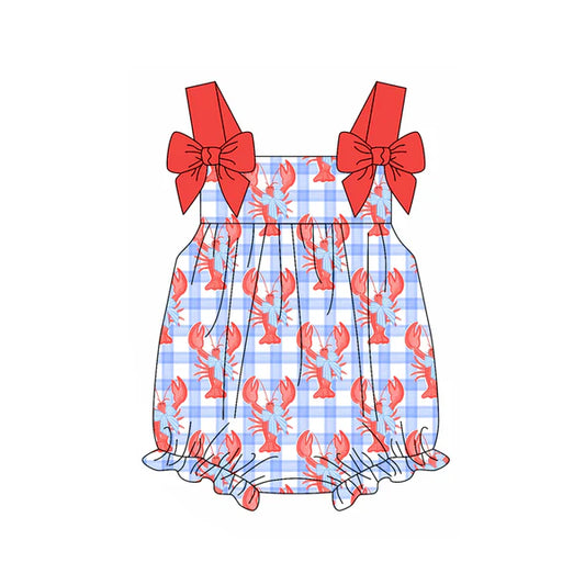 L-3.5 SR2730 Baby Infant Girls Blue Checkered Crawfish Bow Rompers preorder