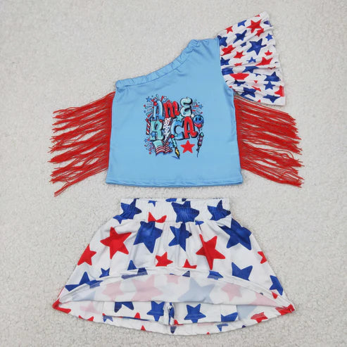 4.12 GT0942+GLK0055 Baby Girls 4th of July America Fringe Shirt Skorts Clothes Set