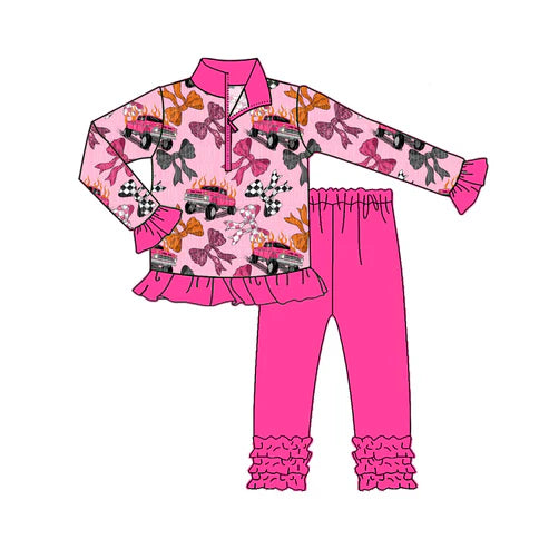 7.28 GLP2608 Baby Girls Long Ruffle Sleeves Bows Cars Plaid Zipper Top Legging Pant Set Preorder