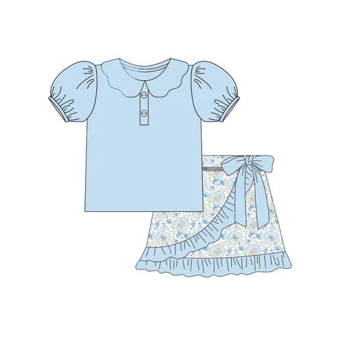 4.11 GSD2387 Baby Girls Blue Short Sleeves Button Tunic Floral Ruffle Short Set Preorder