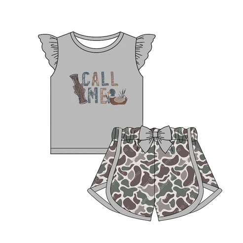 GSSO1678 Baby Girls Grey Duck Call Me Shirt Bow Camo Shorts Clothes Sets Preorder