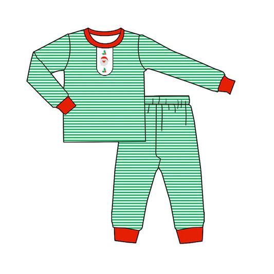 8.2 BLP1205 Baby Boys Green Stripe Santa Holly Top Pants Christmas Pajamas Set Preorder